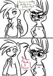  2016 anthro black_and_white buckteeth chest_tuft claws clothed clothing dialogue disney duo english_text eyewear fan_character female glasses hoodie hugh_muskroura inkyfrog lagomorph male mammal maxine_d&#039;lapin monochrome nipples open_shirt rabbit simple_background skunk teeth text topless tuft white_background zootopia 