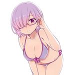  bangs bikini blush breasts chan_co cleavage collarbone cowboy_shot fate/grand_order fate_(series) glasses hair_over_one_eye hair_tucking large_breasts leaning_forward looking_at_viewer mash_kyrielight navel open_mouth purple-framed_eyewear purple_bikini purple_eyes purple_hair semi-rimless_eyewear short_hair simple_background smile solo swimsuit swimsuit_of_perpetual_summer thigh_gap thighs white_background 