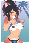  2016 anthro areola big_breasts black_hair blue_background blush breasts brown_fur brown_nipples canine clothed clothing exposed_breasts female fur green_eyes hair looking_at_viewer mammal navel nipples palm_tree rach_verity shirt simple_background smile solo tree underwear undressing wide_hips 