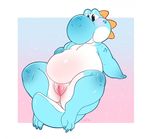  2016 anthro belly big_belly black_eyes blue_scales claws dinosaur english_text female mario_bros nintendo nude overweight plump_labia pussy qwertydragon red_scales scales signature solo spread_legs spreading text thick_thighs toe_claws video_games white_scales yoshi 