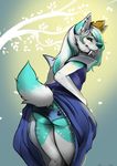  2016 anthro blue_fur blue_hair blue_nose butt butt_shot canine clothed clothing crown dress ear_piercing fangs female fur hair long_hair looking_at_viewer looking_back mammal piercing rach_verity raised_tail rear_view solo underwear white_fur white_hair 