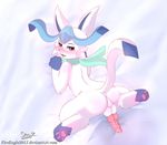  &lt;3 2016 alternate_color backsack balls bed blush cute eeveelution from_behind_position glaceon lying male nintendo paws penis pok&eacute;mon scarf senz sex shiny smile video_games wet 