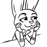  2016 :3 anthro arm_support black_and_white clothed clothing disney female inkyfrog judy_hopps lagomorph leaning_on_elbow mammal monochrome rabbit simple_background smile white_background zootopia 