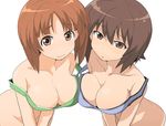  bottomless bra breasts brown_eyes brown_hair cleavage girls_und_panzer henyaan_(oreizm) large_breasts looking_at_viewer multiple_girls nishizumi_maho nishizumi_miho off_shoulder short_hair siblings sisters symmetrical_pose underwear 