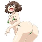  akiyama_yukari aono3 ass bad_anatomy bangs bent_over bikini breasts brown_eyes brown_hair camouflage camouflage_bikini cowboy_shot girls_und_panzer green_bikini highres looking_at_viewer looking_back medium_breasts messy_hair micro_bikini open_mouth short_hair side-tie_bikini simple_background smile solo standing swimsuit thong_bikini twisted_torso v white_background 