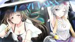  anastasia_(idolmaster) armpits blue_eyes breasts brown_eyes brown_hair car cleavage eyewear_on_head ground_vehicle highres idolmaster idolmaster_cinderella_girls jewelry large_breasts long_hair looking_at_another love_laika motor_vehicle multiple_girls necklace nitta_minami one_eye_closed sakura_(k_tonpu) short_hair silver_hair smile sunglasses 