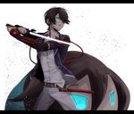  black_hair blue_eyes glowing glowing_eyes horikawa_kunihiro katana kyoujixxxx male_focus solo sword touken_ranbu weapon 