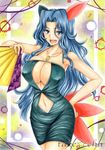  artist_name bare_shoulders blue_dress blue_eyes blue_hair blush breasts cleavage cleavage_cutout cosplay covered_nipples dress elite_four fan gen_2_pokemon hand_on_hip highres holding holding_fan jewelry karin_(pokemon) large_breasts long_hair looking_at_viewer marker_(medium) nail_polish navel navel_cutout necklace open_mouth pokemon pokemon_(game) pokemon_hgss purple_nails sleeveless sleeveless_dress sneasel sneasel_(cosplay) solo takecha traditional_media 