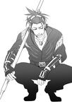  facial_hair goggles goggles_on_head greyscale grin highres jumpsuit kyoujixxxx looking_to_the_side male_focus monochrome nihongou_(touken_ranbu) polearm ponytail smile solo spear squatting stubble touken_ranbu weapon 