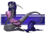  2016 alpha_channel anthro archery_(artist) big_breasts blue_fur blue_hair breasts clothed clothing dragon female fur grey_horn grey_scales hair half-closed_eyes kneeling long_hair looking_at_viewer markings scales scalie side_view smile solo tail_tuft tuft 