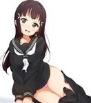  bangs black_hair black_serafuku black_skirt blush green_eyes hair_ornament highres icehotmilktea kurosawa_dia long_hair long_sleeves love_live! love_live!_sunshine!! mole mole_under_mouth neckerchief no_pants open_mouth panties pink_panties pleated_skirt school_uniform serafuku simple_background skirt skirt_pull solo tie_clip underwear uranohoshi_school_uniform wavy_mouth white_background younger 