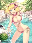  ahoge arm_up bikini blonde_hair blue_eyes breasts cleavage cosette_coalhearth cowboy_shot food foreshortening forest fruit groin hairband keypot large_breasts looking_at_viewer midriff nature navel one_eye_closed open_mouth rock senjou_no_valkyria senjou_no_valkyria_2 short_hair side-tie_bikini smile solo splashing stream swimsuit tree watermark watermelon 