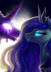  2016 abstract_background begasuslu black_fur blue_hair duo equine eye_contact fangs female feral friendship_is_magic fur glowing glowing_eyes grin hair horn jewelry mammal my_little_pony necklace nightmare_moon_(mlp) unicorn 