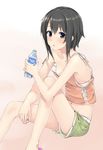  bangs black_hair blue_eyes blush bottle breasts camisole collarbone green_shorts hair_between_eyes hamiyuren highres holding holding_bottle knees_up long_hair looking_at_viewer nipple_slip nipples orange_shirt original panties parted_lips pocari_sweat shirt short_hair_with_long_locks short_shorts shorts sidelocks sitting sleeveless sleeveless_shirt small_breasts solo strap_slip underwear upshorts water_bottle white_panties 