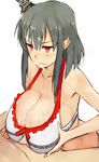  1girl after_paizuri anger_vein annoyed black_hair breast_squeeze breasts cleavage cum cum_on_body cum_on_breasts cum_on_upper_body hetero kantai_collection large_breasts long_hair paizuri paizuri_under_clothes pen_(pen3) red_eyes simple_background wavy_mouth white_background yamashiro_(kantai_collection) 
