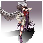  ahoge bow bowtie covering_mouth dress feathered_wings folded_ponytail from_side full_body grey_hair grey_wings half_updo hand_on_hip jacket kikoka_(mizuumi) kishin_sagume long_sleeves looking_at_viewer looking_to_the_side open_clothes open_jacket purple_dress purple_footwear red_bow red_eyes red_neckwear shadow shoes sideways_glance single_wing solo standing touhou white_jacket wings 