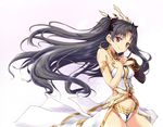  black_hair breasts brown_eyes earrings fate/grand_order fate_(series) ishtar_(fate/grand_order) jewelry long_hair looking_at_viewer neck_ring shibamine_takashi simple_background small_breasts smile solo two_side_up very_long_hair white_background wind 