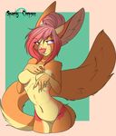  anthro breasts brown_fur canine eyelashes featureless_breasts female fennec fluffy fluffy_tail fox fur hair mammal navel nude pink_hair pink_nose purple_eyes simple_background solo sparky-corpsee standing wide_hips 