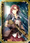  black_ribbon brown_eyes brown_gloves brown_hair collarbone copyright_name forest gloves gun hair_ribbon holding holding_gun holding_weapon keg long_hair lowres military military_uniform multicolored_hair nature outdoors pleated_skirt red_skirt ribbon riela_marcellis rifle senjou_no_valkyria senjou_no_valkyria_3 silver_hair skirt solo tree two-tone_hair uniform weapon 