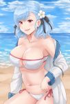  bangs bare_shoulders beach bikini blue_hair blush breasts cleavage day eyebrows_visible_through_hair flower girls_frontline hair_flower hair_ornament hair_ribbon highres hood hoodie large_breasts long_sleeves looking_at_viewer navel ocean off_shoulder open_clothes open_hoodie open_mouth outdoors pink_eyes ribbon side-tie_bikini sky smile solo spas-12_(girls_frontline) springveiv strapless strapless_bikini swept_bangs swimsuit white_bikini white_flower 