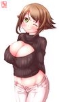  alternate_costume black_sweater breasts brown_hair brown_pants cleavage cowboy_shot dated denim eyebrows_visible_through_hair highres jeans kanon_(kurogane_knights) kantai_collection large_breasts long_sleeves looking_at_viewer meme_attire midriff mutsu_(kantai_collection) navel one_eye_closed open-chest_sweater pants short_hair simple_background smile solo sweater white_background 
