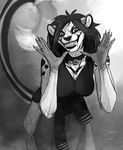  2016 anthro breasts cheetah claws clothed clothing collar creepy english_text feline female fur grey_background hair long_hair looking_at_viewer mammal monochrome natalie_de_corsair raised_tail sharp_teeth signature simple_background smile solo teeth text 