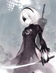  black_dress black_gloves blindfold capriccio closed_mouth commentary cowboy_shot dated dress expressionless gloves hair_over_one_eye holding holding_sword holding_weapon katana nier_(series) nier_automata short_hair solo sword weapon white_hair yorha_no._2_type_b 