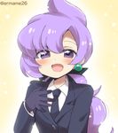  :d ahoge black_gloves black_jacket black_neckwear black_ribbon blazer blush commentary_request eromame gloves hair_ribbon jacket lila_(pokemon) long_hair long_sleeves low_ponytail necktie open_mouth pokemon pokemon_(game) pokemon_sm purple_eyes purple_hair ribbon smile solo twitter_username upper_body 