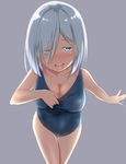  :d ass_visible_through_thighs backlighting bangs blue_eyes blue_swimsuit blush breasts cleavage collarbone colored_eyelashes covered_navel cowboy_shot eyes_visible_through_hair from_above grey_background gurande_(g-size) hair_ornament hair_over_one_eye hairclip half-closed_eyes hamakaze_(kantai_collection) highres kantai_collection large_breasts leaning_forward legs_together looking_at_viewer naughty_face nose_blush one-piece_swimsuit one_eye_closed open_mouth outstretched_arm parted_bangs pulled_by_self school_swimsuit short_hair silver_hair simple_background smile solo standing swimsuit swimsuit_pull taut_clothes taut_swimsuit thigh_gap 
