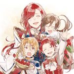  3boys aglovale_(granblue_fantasy) blonde_hair blush brothers brown_hair closed_eyes family food fruit granblue_fantasy herzeloyde_(granblue_fantasy) hug lamorak_(granblue_fantasy) long_hair mother_and_son multiple_boys open_mouth percival_(granblue_fantasy) red_eyes red_hair siblings smile strawberry waltz_(tram) younger 