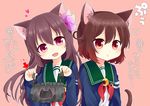  :t animal_ears black_bra blue_jacket bra bra_removed brown_hair cat_cutout cat_ears cat_lingerie cat_tail cleavage_cutout crescent crescent_moon_pin directional_arrow frilled_bra frills hair_ornament holding holding_bra jacket kantai_collection kisaragi_(kantai_collection) long_hair meme_attire multiple_girls mutsuki_(kantai_collection) nagasioo pout purple_eyes red_eyes remodel_(kantai_collection) school_uniform serafuku short_hair tail translation_request underwear 