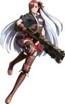  black_ribbon brown_eyes brown_gloves brown_hair full_body gloves gun hair_ribbon holding holding_gun holding_weapon knife military military_uniform multicolored_hair official_art one_side_up pleated_skirt red_skirt ribbon riela_marcellis rifle senjou_no_valkyria senjou_no_valkyria_3 silver_hair skirt solo transparent_background two-tone_hair uniform weapon 