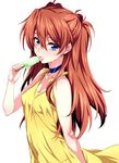  arm_at_side bangs bare_shoulders blue_eyes bow breasts choker cleavage covered_navel dress eating food hair_between_eyes hair_ornament hand_up highres holding holding_food long_hair looking_at_viewer nakahira_guy neon_genesis_evangelion no_bra orange_hair pantylines parted_bangs popsicle see-through simple_background sketch small_breasts solo souryuu_asuka_langley straight_hair sundress tongue tongue_out two_side_up upper_body very_long_hair white_background yellow_dress 