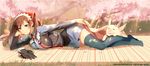  alicia_melchiott arm_support basket blanket blue_legwear bread breasts brown_eyes brown_hair cherry_blossoms food gloves gloves_removed hair_ribbon hans_(senjou_no_valkyria) head_rest large_breasts long_hair lying military military_uniform murakami_yuichi on_stomach petals picnic picnic_basket ribbon senjou_no_valkyria senjou_no_valkyria_1 smile sunlight thighhighs twintails uniform watermark winged_pig zettai_ryouiki 