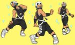  1boy bandana bare_shoulders biceps blue_hair closed_eyes covered_mouth dancing dark_skin dark_skinned_male index_finger_raised jewelry male_focus muscle necklace pokemon pokemon_(game) pokemon_sm sanpaku shoes simple_background sneakers tank_top team_skull_grunt teazombie yellow_background 