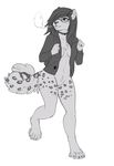  4_toes 5_fingers anthro bottomless breasts cat clothed clothing digitigrade eyelashes eyewear featureless_crotch feline female fur glasses greyscale hair mammal monochrome redcreator simple_background solo toes white_background 