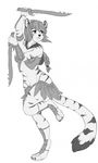  4_toes 5_fingers anthro armor black_nose digitigrade eyelashes feline female fur greyscale hair holding_object holding_weapon mammal melee_weapon midriff monochrome navel redcreator simple_background striped_fur stripes sword tiger toes weapon white_background wide_hips 