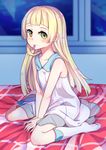  bangs blonde_hair blunt_bangs blush dress green_eyes hair_down indoors kneehighs lillie_(pokemon) long_hair mouth_hold no_hat no_headwear on_bed pokemon pokemon_(game) pokemon_sm ribbon ribbon_in_mouth saito_(pigrank) sitting sleeveless sleeveless_dress solo wariza white_dress white_legwear window 