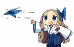  :d asakaze_(kantai_collection) blue_eyes bow commentary_request hair_bow kanikama kantai_collection light_brown_hair long_hair meiji_schoolgirl_uniform open_mouth shuriken simple_background smile solo throwing v-shaped_eyebrows white_background 