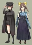  adjusting_clothes adjusting_hat alternate_costume alternate_hairstyle bangs black_cape black_footwear black_hat black_legwear black_skirt blue_shirt blue_skirt boots bow brown_eyes brown_footwear brown_hair cape closed_mouth cross-laced_footwear full_body girls_und_panzer grey_background hair_bow hair_up hakama hat hikyakuashibi japanese_clothes kimono kneehighs lace-up_boots loafers long_hair long_skirt looking_at_viewer meiji_schoolgirl_uniform mika_(girls_und_panzer) military military_hat military_uniform miniskirt multiple_girls nishizumi_maho one_eye_closed pleated_skirt shirt shoes short_hair simple_background skirt smile standing uniform wide_sleeves yagasuri yellow_bow 