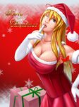  7/11_(fukuso) ;) bad_anatomy bare_shoulders blonde_hair blue_eyes bobblehat box breasts cleavage closed_mouth collarbone dress elbow_gloves finger_to_mouth gift gift_box gloves green_ribbon hair_ornament hair_ribbon hand_on_hip hat index_finger_raised large_breasts long_hair looking_at_viewer mature one_eye_closed red_dress red_hat ribbon santa_costume santa_hat shushing sleeveless sleeveless_dress smile snowflake_background solo touhou white_gloves yakumo_yukari 