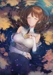  breasts bridal_gauntlets brown_hair closed_eyes dress highres kobuta long_hair lying medium_breasts on_back ophelia_(painting) original partially_submerged reflecting_pool solo white_dress 