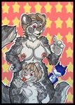  anthro blue_fur breasts brown_hair canine cover cover_page dktorzi eyewear feline fox fur grey_fur hair leopard looking_at_viewer mammal monocle nipples red_eyes star sweat tongue tongue_out tuft white_fur 