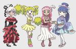  black_eyes blonde_hair bloomers blue_hair bow commentary_request dress earrings fan flower gen_7_pokemon hair_bow hair_flower hair_ornament hair_ribbon high_heels hula japanese_clothes jewelry kimono leg_warmers lei long_hair looking_at_viewer makeup mascara mebuita multiple_girls oricorio personification pink_hair pokemon pom_poms ribbon sandals sidelocks skirt underwear white_background white_bloomers white_hair 