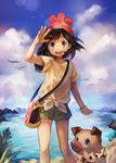  artist_name bangs bare_legs beanie black_hair blue_eyes blue_sky cloud cowboy_shot day floating_hair floral_print gen_7_pokemon green_shorts hat miu_pachi mizuki_(pokemon) open_mouth outdoors pokemon pokemon_(creature) pokemon_(game) pokemon_sm red_hat rockruff shading_eyes shirt short_hair short_shorts short_sleeves shorts sky swept_bangs t-shirt tied_shirt water wind wrist_extended z-ring 