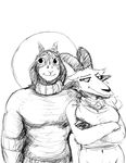  aged_up anthro big_breasts black_and_white breasts caprine cleavage clothed clothing crossed_arms demon duo eyelashes female goat halo hladilnik horn lucy_(hladilnik) male mammal monochrome muscular pentagram smile sweater tommy_(hladilnik) 