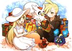  1girl asymmetrical_hair bangs biseibutu blonde_hair blunt_bangs blush box braid brother_and_sister christmas cosmog delibird dress gen_2_pokemon gen_7_pokemon gift gift_box gladio_(pokemon) green_eyes hair_over_one_eye hat hood hoodie lillie_(pokemon) long_hair open_mouth pokemon pokemon_(creature) pokemon_(game) pokemon_sm red_footwear shoes short_hair siblings sitting sleeveless sleeveless_dress smile sun_hat twin_braids white_dress white_hat 