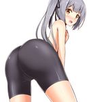  aikawa_ryou ass bike_shorts black_ribbon blush brown_eyes cameltoe commentary embarrassed eyebrows_visible_through_hair from_below full-face_blush grey_hair hair_ribbon kantai_collection kasumi_(kantai_collection) legs_apart long_hair looking_at_viewer looking_back open_mouth remodel_(kantai_collection) ribbon shiny shiny_clothes shiny_skin side_ponytail simple_background solo thighs topless white_background 