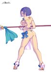  araki_rena ass back bare_shoulders brown_eyes gbmah grin high_heels looking_at_viewer looking_back polearm short_hair simple_background smile solo spear tokyo_7th_sisters weapon white_background wrist_cuffs 
