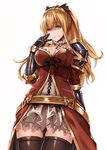  arm_at_side armor bare_shoulders black_ribbon blonde_hair breasts brown_legwear cleavage cowboy_shot dress empty_eyes esg_(essagna) from_below gauntlets granblue_fantasy hair_between_eyes hair_ornament hair_ribbon hand_on_own_face highres large_breasts lips long_hair looking_at_viewer ponytail red_eyes ribbon shaded_face short_dress shoulder_armor smile solo spaulders thighhighs thighs vira_lilie 